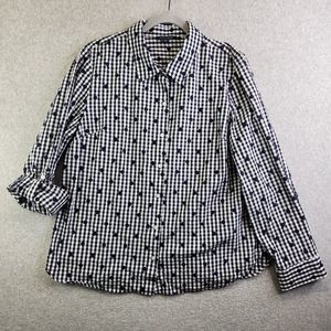 Tommy Hilfiger Top Womens XL Blue Gingham Plaid Swiss Dot Roll Tab Sleeves